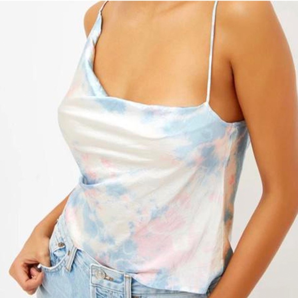 Frankies Bikinis Women's Assymetrical Silk TAnk White, Blue, and Pink Size S